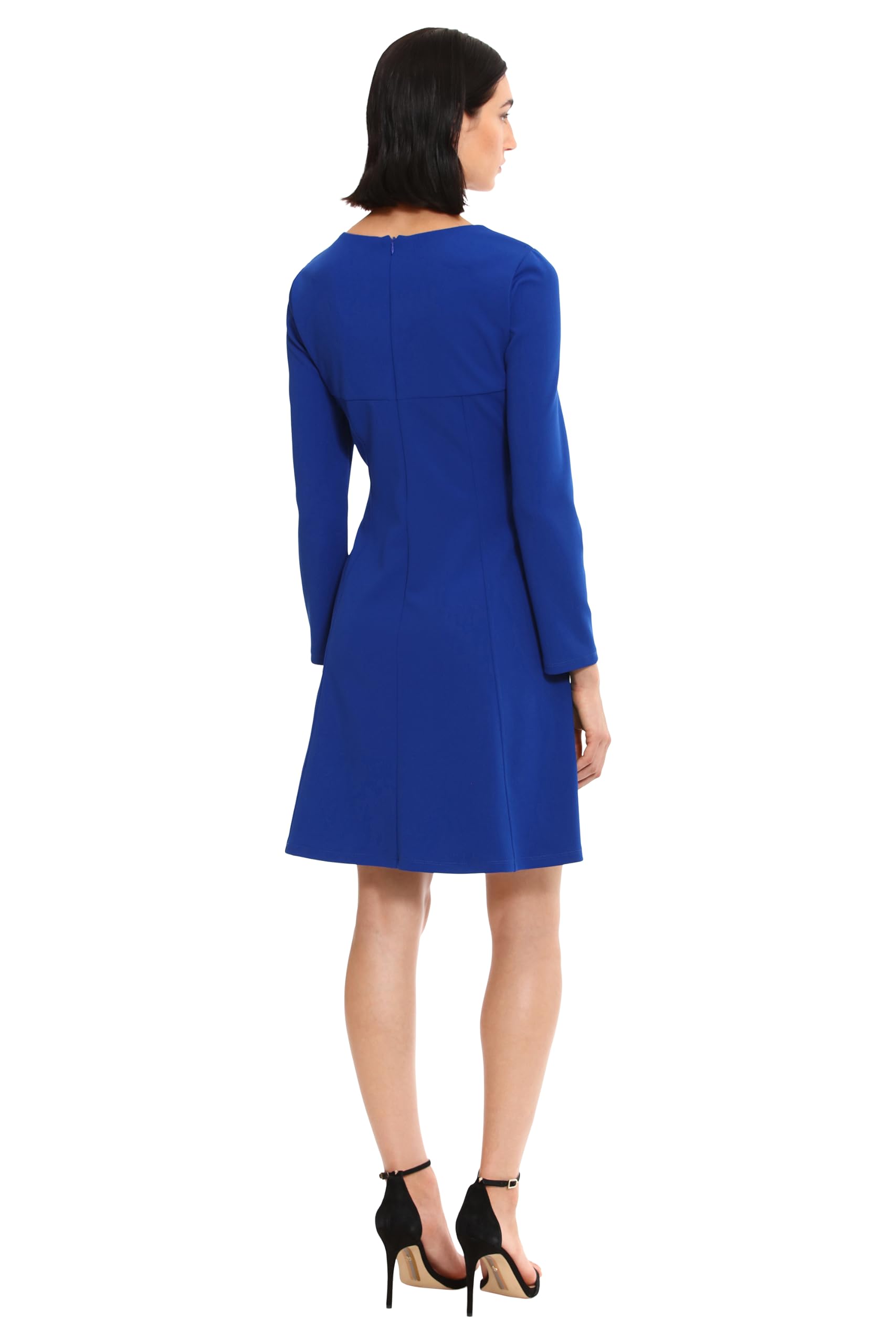 Donna Morgan Women's Long Sleeve Fit and Flare Crepe U-Ring Trim Dress Workwear Career Office Event Guest of, Retro Blue
