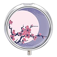 Round Pill Box Peach Blossom Moon Sky Portable Pill Case Medicine Organizer Vitamin Holder Container with 3 Compartments