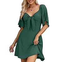 Dokotoo Womens Dresses 2024 Spring Summer Deep V Neck Elegant Bow tie Mini Dress S-XL