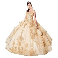 Women's Off Shoulder Tiered Tulle Quinceanera Dress Lace Gold Appliqued Sequins Princess Ball Gowns