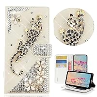 STENES Bling Wallet Phone Case Compatible with Samsung Galaxy A14 5G Case - Stylish - 3D Handmade Leopard Flowers Design Magnetic Wallet Stand Leather Cover Case - Gold