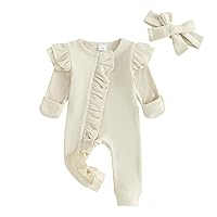 MoZiKQin Newborn Baby Girl Ruffle Romper Knit Sweater Onesie Jumpsuit Long Sleeve Zipper Footies Solid Fall Winter Outfits (Waffle Ruffle Apricot,Newborn)