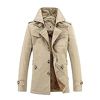 Men's Casual Notch Lapel Sherpa Fleece Lined Windbreaker Jackets Windproof Single Breasted Slim Fit Single Breasted Mid Length Quilted Trench Coats Pea Coats Outerwear(Khaki XXL)
