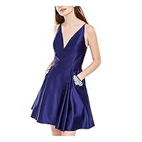 BLONDIE Womens Blue Spaghetti Strap V Neck Mini Party Fit + Flare Dress Juniors 9