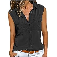 Sleeveless Blouses for Women Turn Down Collar Pockets Buttons Shirt Tops Ladies Summer Shirts Casual Loose Fit Tank
