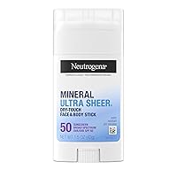 Neutrogena Ultra Sheer Dry Touch SPF 50 Mineral Sunscreen Stick for Sensitive Skin, Face & Body Sunscreen with Zinc Oxide & Vitamin E, No White Residue, Non-Comedogenic & Vegan, 1.5 oz