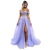 Women's Off The Shoulder Glitter Tulle Prom Dresses Long Lace Appliques Formal Gowns Evening Dress with Slit