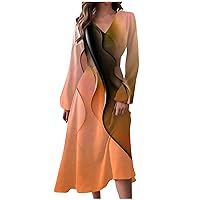 Women's Plus Size Party Dresses Autumn and Winter Casual Fashion V-Neck Long Sleeve Line Print Dress Cocktail