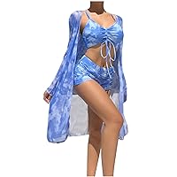 3 Piece Swimsuits for Women High Waisted Sexy Floral Drawstring Ties Push up Bikini Set with Long Kimono Cover Ups