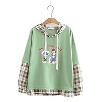 Kawaii Hoodie for Womens - Autumn New Cartoon Eat Fish Embroidery Hooded Plaid Stitching Sweater Women (Color : Green, Size : Medium)