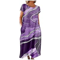 Boho Dress Short Sleeve Summer Mop Dresses Women's Classy Beach Floral Polyester for Women Super Soft Pleated Purple XL
