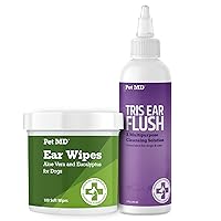 Pet MD Dog Ear Cleaning Wipes with Aloe and Eucalyptus + Veterinary Tris Flush Cat & Dog Ear Cleaner