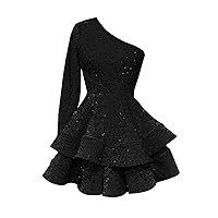 HUUTOE One Shoulder Homecoming Dresses Teens Sequin Short Prom Dresses Long Sleeve Layered Sparkly Formal Evening Party Gown