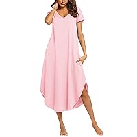 Ekouaer Nightgowns for Women V Neck Nightshirts Short Sleeve Soft Sleepwear Side Split Pockets Long Nightdress