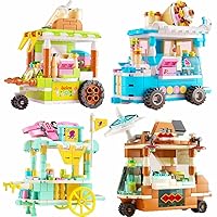 4 Packs Food Cart Building Block Toy Street View Building Bricks Set Include Ice Cream Cart, Fresh Juice Stop, Building Block Sets 716PCS