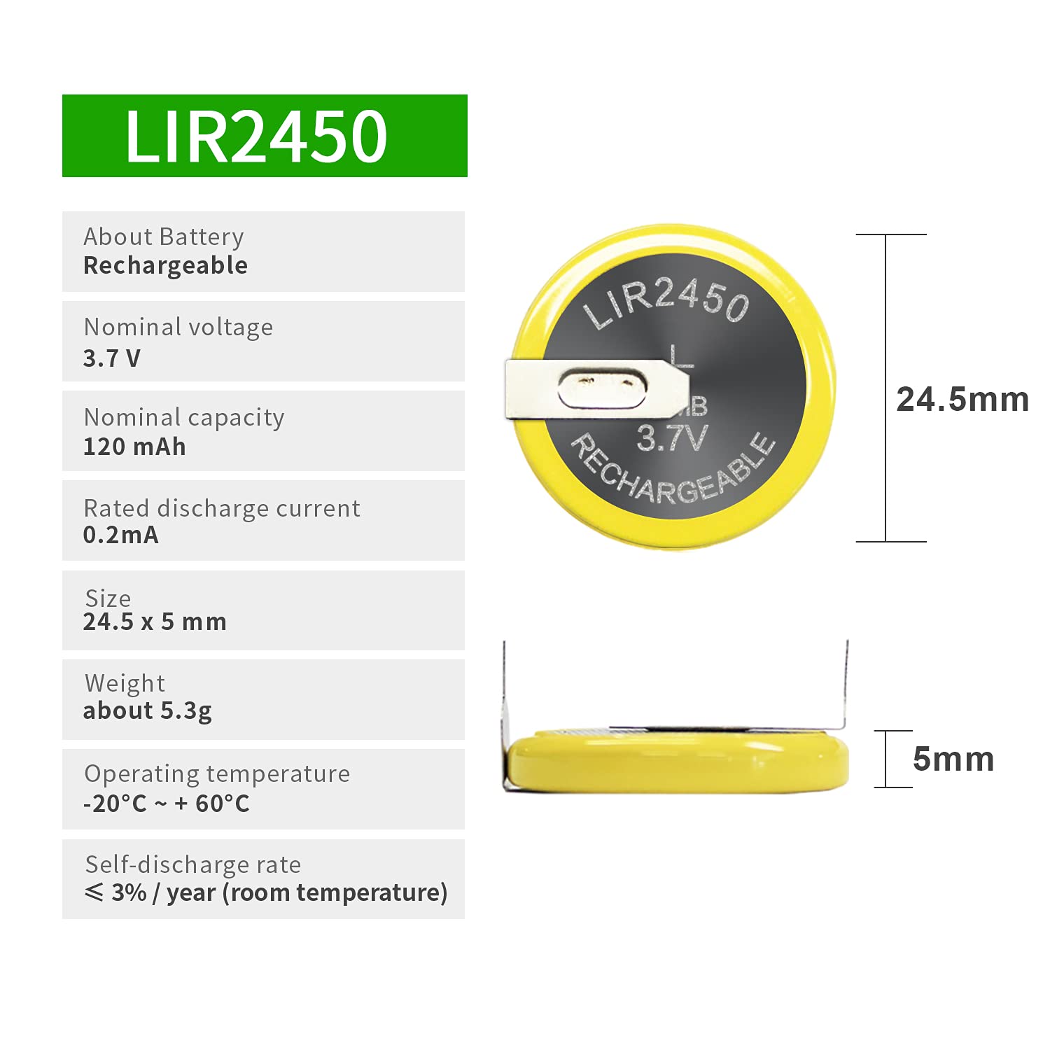 5PCS EEMB LIR2450 Rechargeable Battery 120mah 3.7V Lithium-ion Coin Button Cell Batteries with Solder Tabs