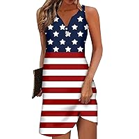 American Flag Dress Women Summer Casual 4th of July Button Dress V-Neck Fashion Sleeveless Loose Fit Dress