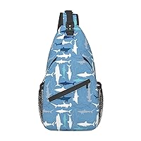 Grey White Blue Shark Print Small Sling Bag for Women Men Crossbody Backpack Hiking Travel Daypack Shoulder Chest Bag with Adjustable Strap