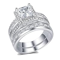 3Ct Princess Wedding Rings for Women Engagement Ring Set Bands 18k White Gold Plated Halo Cz Size 6-10
