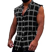 Men's Muscle Fit Sleeveless Cut Off Plaid Flannel Shirt, Flannel Plaid Tank Tops Casual Button Down Cowboy Vest Shirts