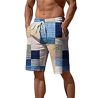 Men's Linen Shorts Drawstring Elastic Waist Beach Short Plaid Print Summer Lightweight Breathable Vacation Short Pants