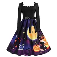 XJYIOEWT Floral Spring Dresses for Women 2024F, Women Vintage Long Sleeve Square Halloween 1950s Housewife Evening Part