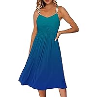 Summer Dress for Women, 2024 Beach Casual V Neck Sleeveless Gradient Print Spaghetti A Line Sundress Dress (L, Blue)