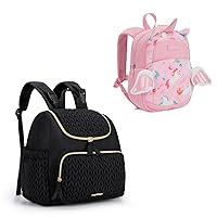 mommore Toddler Backpack Bundle with Diaper Bag Small Diaper Backpack, 3D Cartoon Unicorn Backpack with Leash, Stylish Mommy and Toddler Baby Travel Backpacks(Black, Pink)