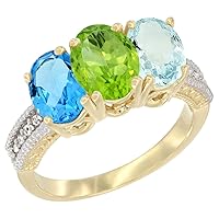 10K Yellow Gold Natural Swiss Blue Topaz, Peridot & Aquamarine Ring 3-Stone Oval 7x5 mm Diamond Accent, Sizes 5-10