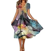 Women's Fashion and All-Match Summer Temperament V-Neck Printed Short-Sleeved Dress