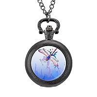 Purple Watercolor Dragonfly Vintage Pocket Watches with Chain for Men Fathers Day Xmas Present Daily Use
