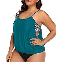 Daci Women Plus Size Tankini Swimsuit Two Piece Tummy Control Bathing Suit Loose Fit Blouson Tankini Top with Bottom