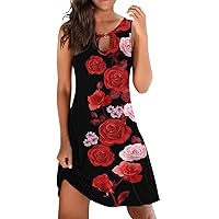 Summer Dresses for Women 2024 Beach Vacation Floral Tshirt Sundress Casual Sleeveless Boho Tank Dress Flowy Short Dress