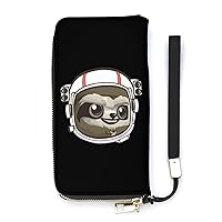 Sloth Astronaut Wristlet Wallet Leather Long Card Holder Purse Slim Clutch Handbag for Women