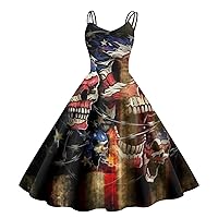 joysale Women's Fashion Strap Casual Dress Independence Day Democratic Freedom Sundresses Print A Line Dress