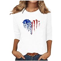 American Flag T Shirt for Women 4th of July Tops Patriotic Heart Print Blouse Independence Day 3/4 Length Sleeve Tees
