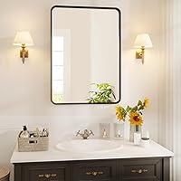 Bathroom Mirror, 22x30 Inch Rounded Rectangle Black Metal Frame Mirror, Bathroom Mirrors for Over Sink, Wall Mirror for Bathroom Living Room Bedroom Entryway Hallway, Hangs Horizontally or Vertically