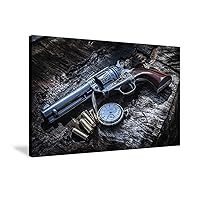 Revolver Weapon Gun Pocket Watch Canvas Painting Prints Gun Pistol Posters Wall Art Prints Picture for Boy Teen Bedroom Decor for Living Room, Office (Framed-style,16x24inch/40x60cm)