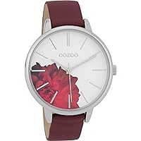 Large fashion Oozoo women's watch with floral pattern on the dial and leather strap in 42 mm.