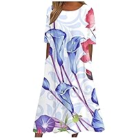Sundresses for Women Summer Casual Short Sleeve Crew Neck Maxi Dresses Floral Printed A Line Boho Dress with Pockets