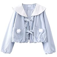 Teen Girls Cute Cat Embroidery Sailor Collar Corduroy Top Coat Japanese Style Lolita Puff Sleeve Comfy Short Coats