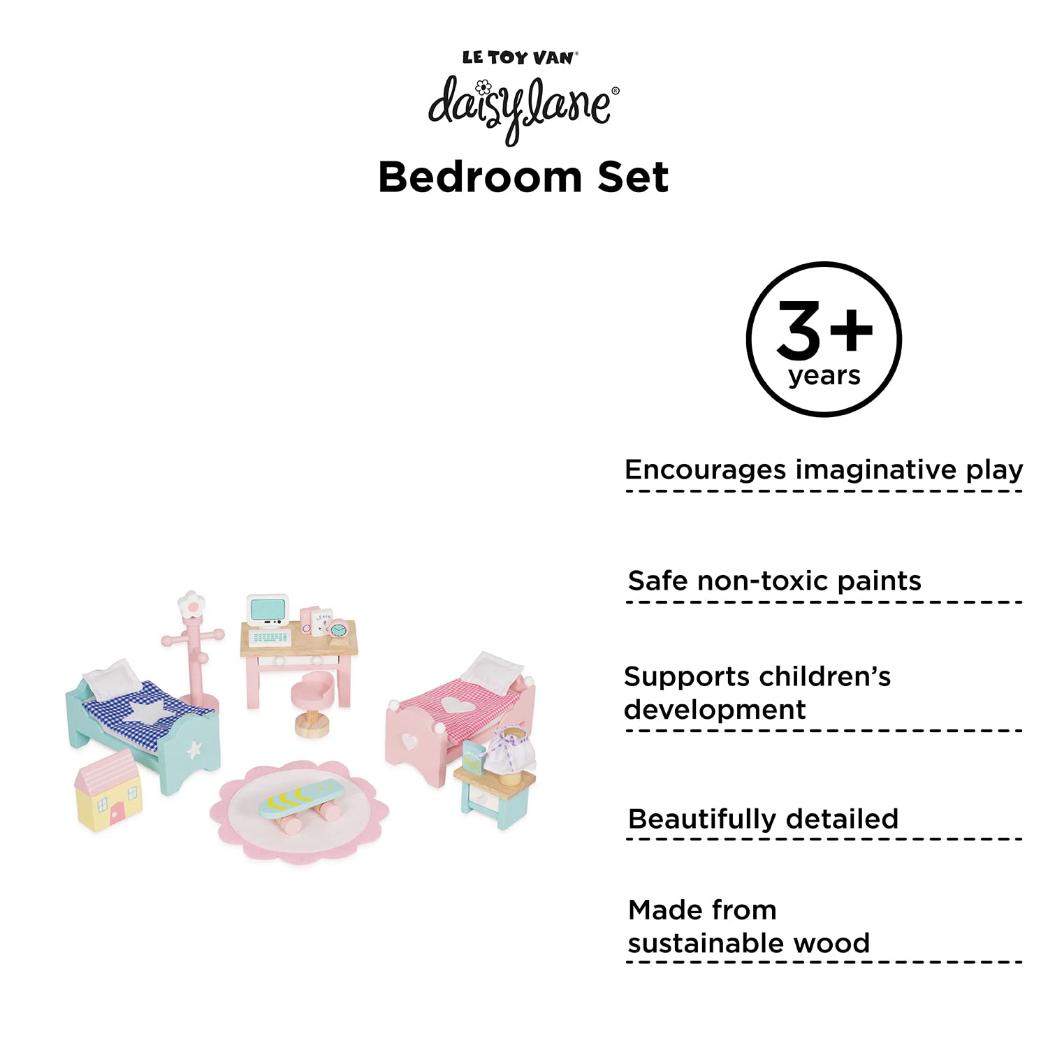 Le Toy Van - SugarPlum Wooden Bedroom Set | Dolls House Accessories Play Set For Dolls Houses | Girls and Boys Doll House Furniture Sets - Suitable For Ages 3+, Daisylane Child Bedroom (ME061)