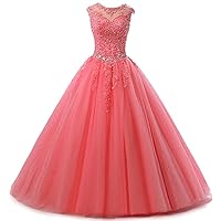 MllesReve Tulle Princess Quinceanera Dresses Lace Applique Beaded Keyhole Back Cap Sleeve Ball Gown Prom Dress