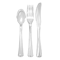 Party Essentials Deluxe Plastic Full Size Extra Heavy Duty Combo Cutlery, Clear, 192 Pieces (64 Knives, 64 Forks, 64 Spoons), Model Number: N1224CL-8