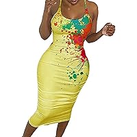 Women's Bohemian Dress Swing Casual Loose-Fitting Summer Sleeveless Midi Flowy Beach Round Neck Trendy Glamorous Print Yellow