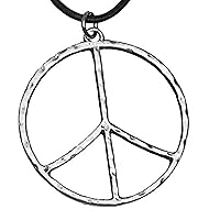 Pewter Hammered Peace Sign Large Pendant on Leather Necklace