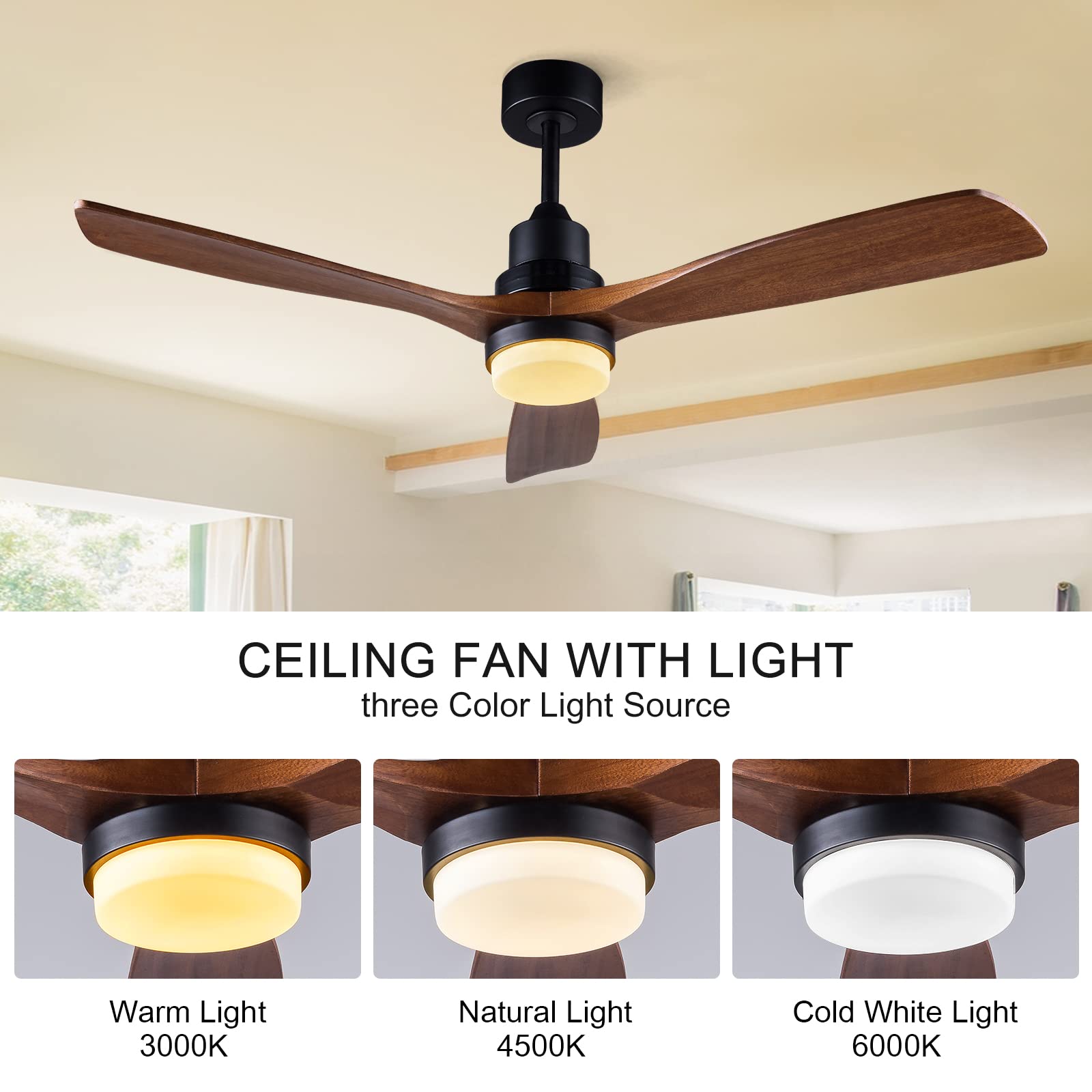 BOJUE 52” Ceiling Fans with Lights Remote Control,Indoor Outdoor Wood Ceiling Fan with 3 Blade for Patio Living Room, Bedroom, Office, Summer House, Etc