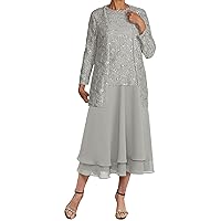 SERYO Mother of The Bride Dresses with Jacket Chiffon Mother of The Groom Dresses Tea Length Silver US20W