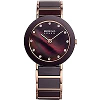 BERING Women Analog Quartz Ceramic Collection Watch with Stainless Steel/Ceramic Strap & Sapphire Crystal, Rose Gold/Brown, Rose Gold/Brown