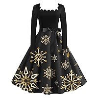 Red Christmas Dress Women's Casual Fashion Christmas Printed Square Neck Vintage Dresses